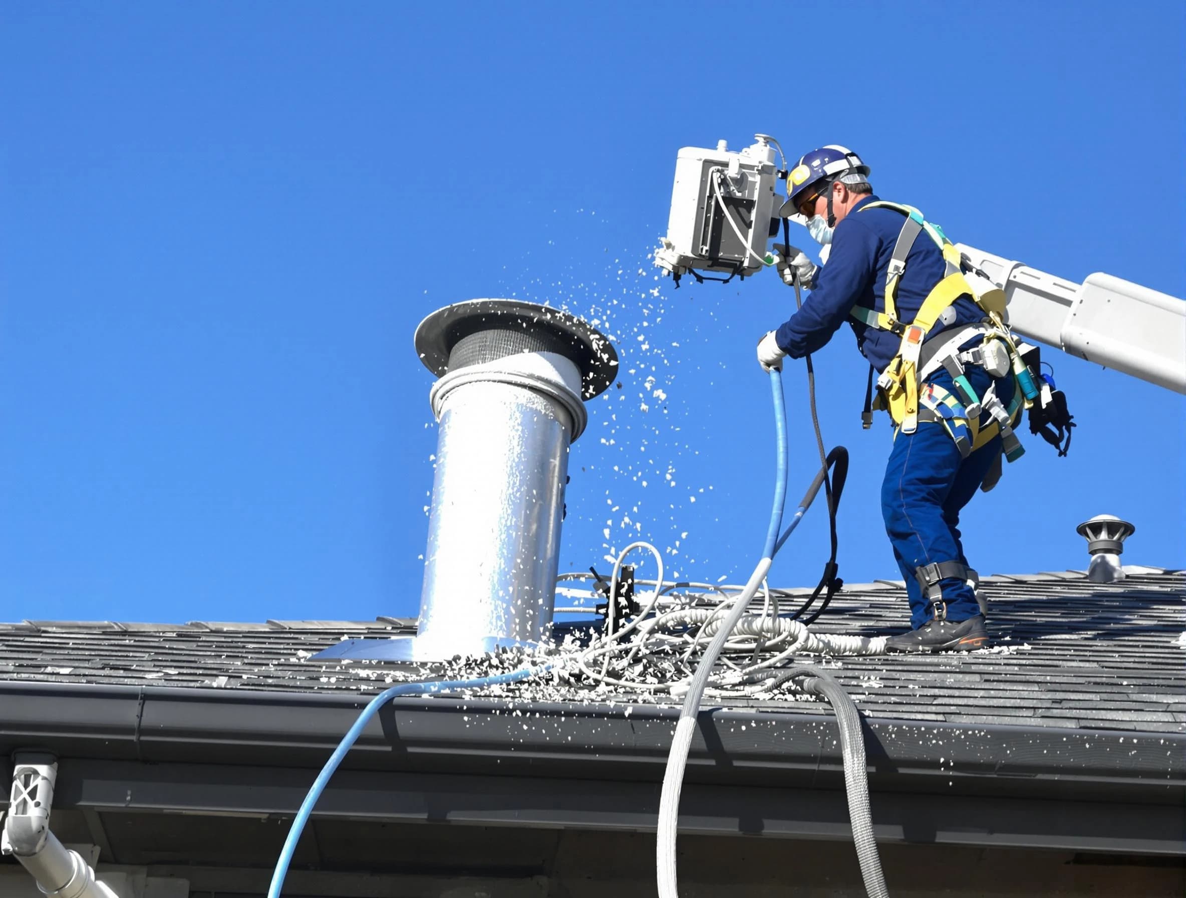 Trussville Dryer Vent Cleaning certified technician safely cleaning a roof-mounted dryer vent in Trussville