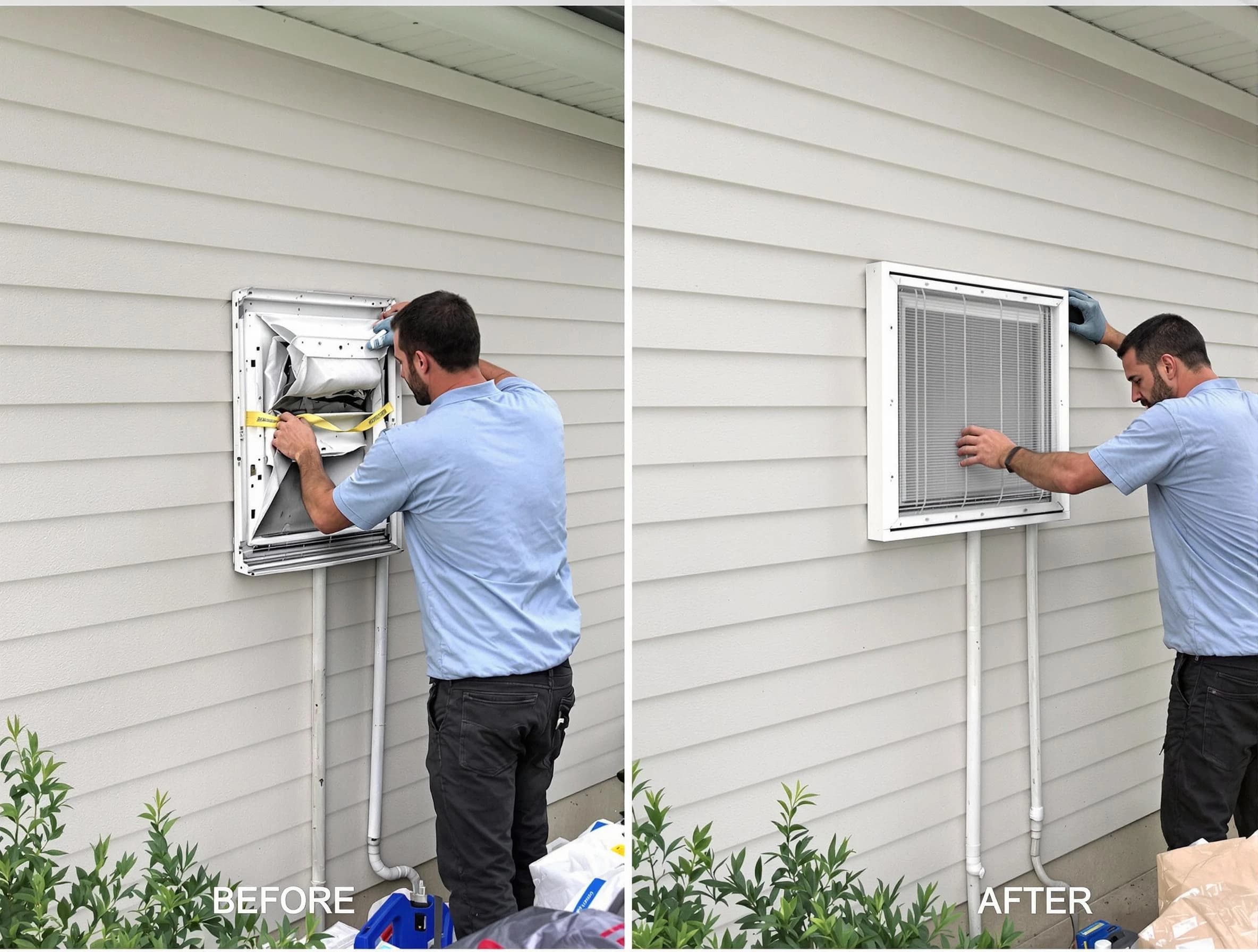 Trussville Dryer Vent Cleaning technician installing high-quality dryer vent cover at a residential property in Trussville