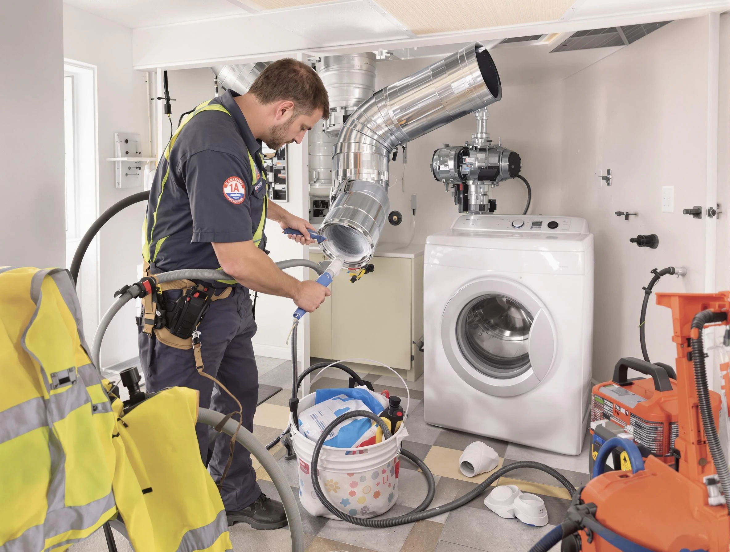 Trussville Dryer Vent Cleaning technician using specialized equipment to clear severe dryer vent blockage in Trussville
